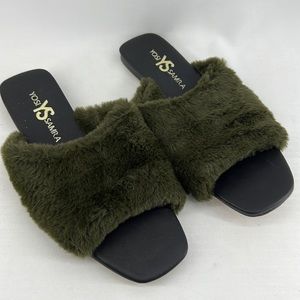 YOSI SAMIRA NORA OLIVE GREEN FAUX FUR SLIDE